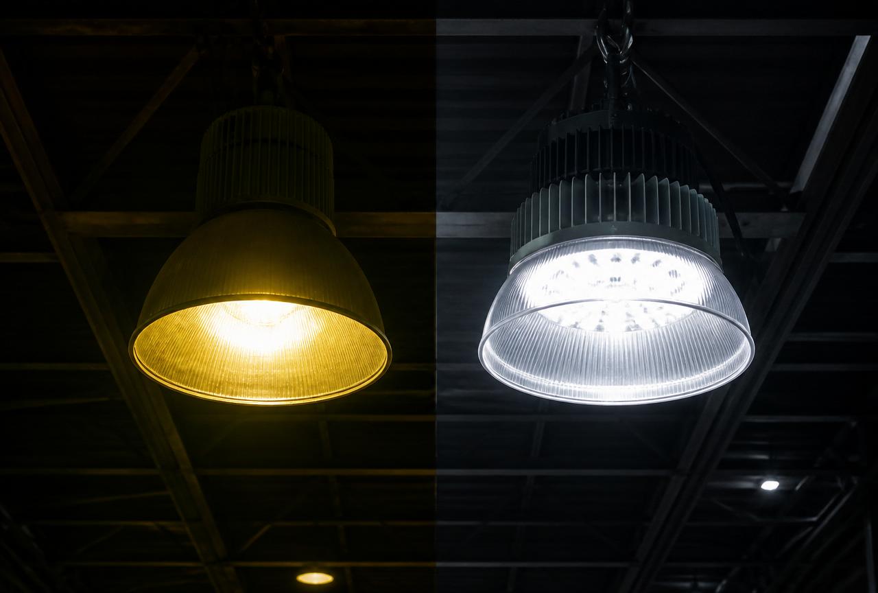 Old warm dim high-bay fitting beside a modern bright white LED high bay