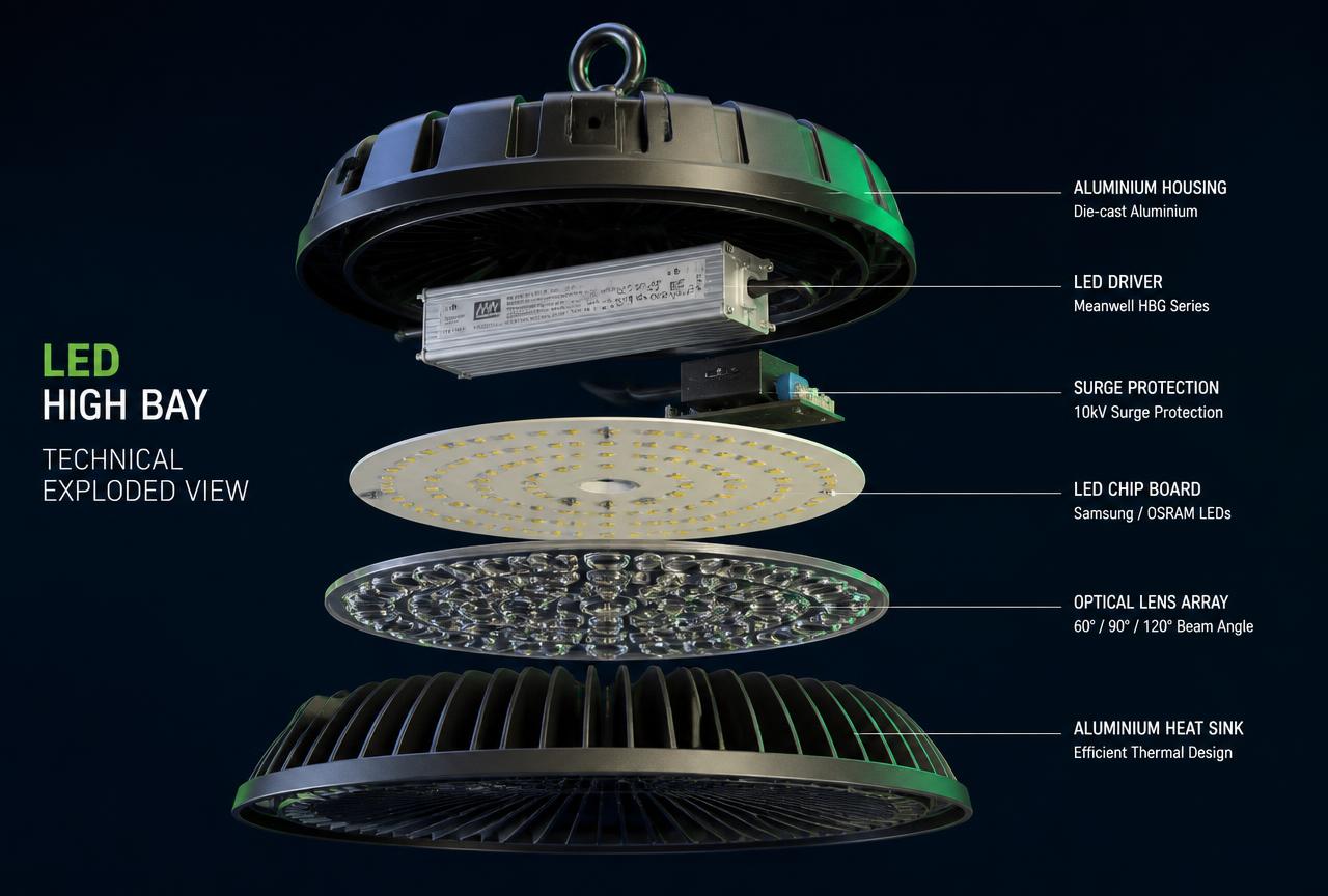 Exploded technical view of an LED high bay showing housing, driver, surge protection, chip board, lens array and heat sink